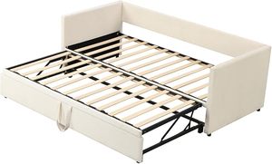 Sofá <span class=keywords><strong>Cama</strong></span> Convertible 3 en 1 Tapizado con <span class=keywords><strong>Cama</strong></span> <span class=keywords><strong>Nido</strong></span> Extraíble, Estructura Moderna con <span class=keywords><strong>Cama</strong></span> Extraíble de Altura Ajustable, Color Crema Beige - Product Image 3