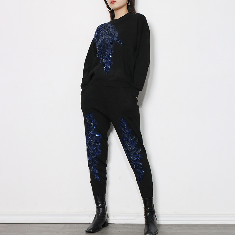 R32724S 2021 fall winter new two-piece suit solid color round neck pullover sweater sequin splicing casual trousers women sets