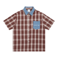 Kemeja Pria Vintage Plaid dengan Kerah Denim, Logo Custom, Lengan Pendek, Kancing Depan, Katun Tebal, Atasan Kasual Pria
