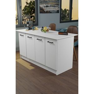 Chariot de cuisine moderne et minimaliste Vera 160 cm blanc avec armoire de rangement à 4 portes et table de bar, îlot de cuisine contemporain - Product Image 4