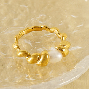 Zogxin Natural Pearl <b>Ring</b> 18k Gold Open <b>Titanium</b> Steel Band Wave Design For Women Gift Jewelry - Product Image 3