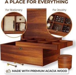 Custom Wood Storage Box OEM Laser Engraved <b>Wooden</b> <b>Treasure</b> <b>Chest</b> With Lock Removable Divided Tray for Keepsake Wholesale - Product Image 4