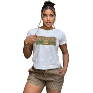 Ensemble de shorts décontractés pour femmes de luxe, deux pièces, longueur au-dessus du genou, manches courtes, été, 100% coton - Product Image 2