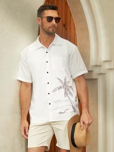 Camisa hawaiana con estampado de coco lavado vintage al por mayor, camisa de manga corta con botones para hombre, algodón orgánico ecológico - Product Image 3