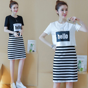 Summer Women's Fashion Set Korean Style Short Sleeve Two Piece Dress Hello Striped Skirt Breathable Leisure Wear - Product Image 2