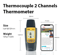 Termometer Termokopel Tipe K Dual Channel VA8060 T1 T2 Genggam -200 hingga 1300C Tipe J Max Min Data Hold Layar LCD Backlight CE