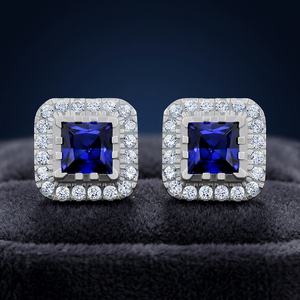 Gourik Lab Created <b>Blue</b> Sapphire <b>Stud</b> <b>Earring</b> Women Hip Hop Jewelry 925 Sterling Silver Party Wear - Product Image 2