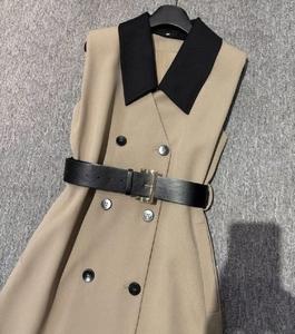 <span class=keywords><strong>Abito</strong></span> da Lavoro Donna Autunno Inverno 2025 di Alta Qualità, Nuovo Modello alla Moda con Colletto Risvoltato, Doppiopetto, Cintura, Lunghezza Metà Polpaccio, Colori Kaki e <span class=keywords><strong>Nero</strong></span>, Stile OL - Product Image 6