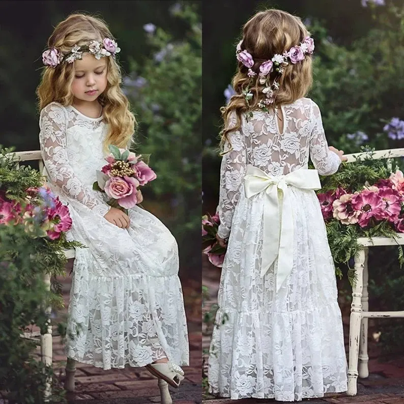 فساتين طويلة للفتيات والأطفال من البوتيك فساتين زفاف للأطفال الصغار فستان أبيض من الدانتيل باللون الأبيض