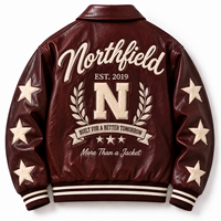 Blouson Bomber Varsity Homme en Similicuir Bordeaux Personnalisé OEM, Broderie Étoile Vintage, Fermeture Éclair, Style Racing, Faible MOQ