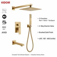 Système de douche carré KIDOIR cUPC avec pommeau de douche pluie, douchette à main et bec de baignoire 3 voies, sans plomb, en SUS304, nickel, noir, or, chrome