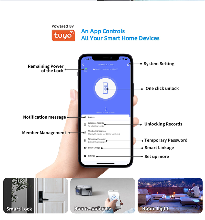 Tuya App-Controlled WiFi Keyless Entry Aluminum Alloy Steel Lock Fingerprint Recognition Memory Card Grade C Security for · image 7