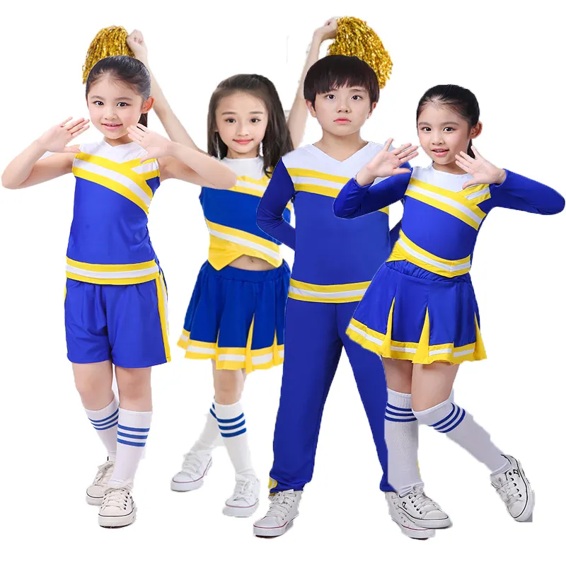 Seragam cheerleader anak perempuan, baju kostum Cosplay sekolah atas 2 potong, pakaian lengkap