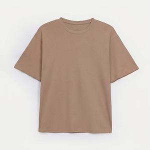 เสื้อยืดคอกลมแขนสั้นสีน้ำตาลสำหรับผู้ชาย ทรงโอเวอร์ไซส์ สีพื้น ผ้าเจอร์ซีย์คอตตอนลำลอง โลโก้ด้านหน้า แห้งเร็ว - Product Image 1