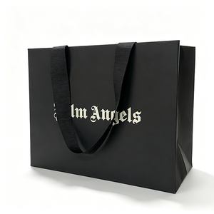 Matte Black <b>Card</b> Paper Shopping Bag With Satin Ribbon Handle Custom Print Logo Luxury <b>Gift</b> Paper Bag - Product Image 2