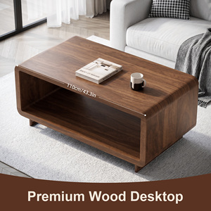 Rectangular 2-Tier Wooden Coffee Table with Open <b>Storage</b> Shelf Rounded Edge Low Profile Tea Table Modern Minimalist Center Table - Product Image 4