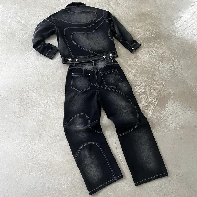 Edge Denim Factory, conjuntos de traje de Jean de dos piezas para hombre de lavado negro personalizado, conjuntos de Jean para hombre