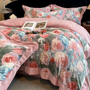 Luxury French Milk Velvet Four-Piece <strong>Bedding</strong> Set Thickened Double-Sided Duvet Cover Princess Style Oil Painting Disposable Home - Product Image 1