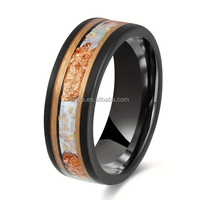 Bague en carbure de tungstène 8 mm, opale noire argentée, incrustation de feuille d'or rose pour mariage, fiançailles, anniversaire, bijoux de couple