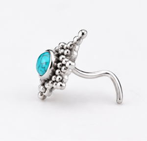 Bijou de nez ethnique indien en argent sterling 925, turquoise, avec pierre précieuse ronde et serti floral perlé, pour femme et fille - Product Image 4