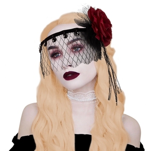 Hstyle <b>Black</b> Elegant Lace Veil Headdress Headband with <b>Rose</b> Party Half Face Death Costume Veil Sexy Eye Veil for Halloween Party - Product Image 3