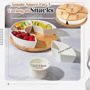 Ensemble de service pour chips et trempette de 11,4 pouces, 5 compartiments amovibles, noix, fruits, bol en céramique, plateau rotatif en bambou avec poignée en métal - Product Image 2