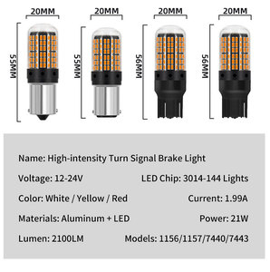 Lampadine LED 1156 BA15S P21W BAU15S PY21W T20 7440 W21W 1157 P21 <span class=keywords><strong>5W</strong></span> <span class=keywords><strong>W21</strong></span> <span class=keywords><strong>5W</strong></span> 7443 3014 144SMD Canbus per Indicatori di Direzione Auto - Product Image 2