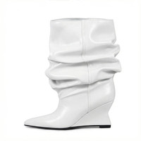 Nouvelle Arrivée 2025 – Bottes Noires à Talon Compensé et Bout Pointu pour Femme, Bottes Mi-Mollet Froncées Tendance, Chaussures Décontractées Habillées