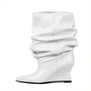 Nouvelle Arrivée 2025 – Bottes <span class=keywords><strong>Noires</strong></span> à Talon Compensé et Bout Pointu pour Femme, Bottes Mi-Mollet Froncées Tendance, Chaussures Décontractées Habillées - Product Image 5