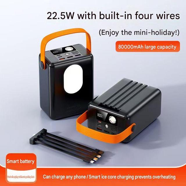 2026 New 80000mAh Fast Charging Power Bank Built-in 4 Cables Camping LED Lamp Portable Power Station with Hand Lanyard Wholesale
