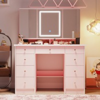 Coiffeuse moderne en bois rose avec 9 tiroirs, miroir LED, design panneau pour chambre d'hôtel, étagères de rangement dissimulées
