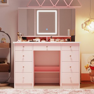 Gran oferta, tocador de maquillaje moderno de madera rosa, tocador de 9 cajones con 3 espejos, estantes de almacenamiento ocultos para dormitorio - Product Image 4