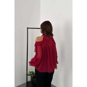 Blusa de Mujer al por Mayor, Color Borgoña, Hombros Descubiertos, Tallas XL-3XL, Corte Holgado, Chifón y Algodón, Estilo Casual Bohemio, Color Sólido, para Verano, Otoño y Primavera - Product Image 1