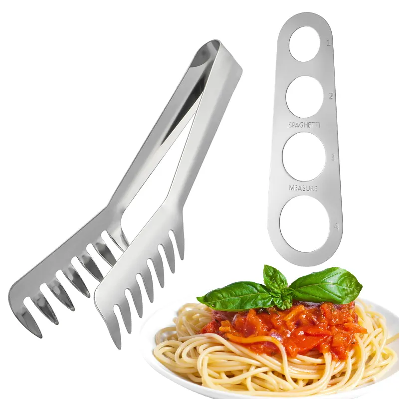 Stainless Steel Food Tong Noodles Pasta Clip Pasta Tongs measure Spaghetti Ruler Set