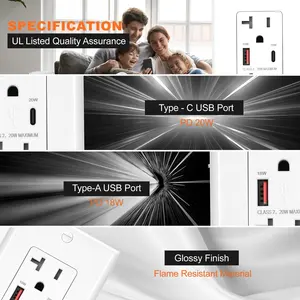 Usb-Poorten Wandcontactdoos 20a Ac 125V 6 Pinnen Stopcontact Type A Type C Snel Opladen Usb-Poorten Met Sabotabestendig En Plaat