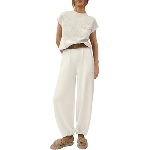 Women's <b>Sweater</b> <b>Set</b> Solid Color Pocket Design Drawstring Leg Two Piece Casual Suit Europe And America Style - Product Image 3