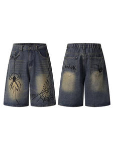 2025 yaz erkek el çizilmiş örümcek Denim şort erkek yaz gevşek Retro yaşlı mavi düz tüp beş bölüm kot - Product Image 5