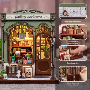 <span class=keywords><strong>CuteBee</strong></span> Nouvelle librairie-galerie, maison de campagne assemblée, modèle miniature créatif à assembler, ornements rétro, jouets en bois faits à la main, 14+ couleurs - Product Image 1