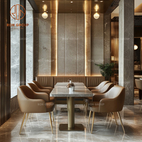 Meubles de café, de restaurant et de salon de thé, table carrée avec plateau en marbre gris, ensemble de chaises de restaurant et canapé en cuir véritable brun