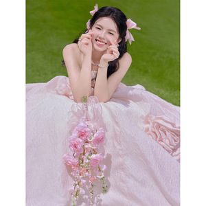 Pink Strapless Ball Gown Wedding Dress Tulle Natural Waistline For Studio Photography - Product Image 5