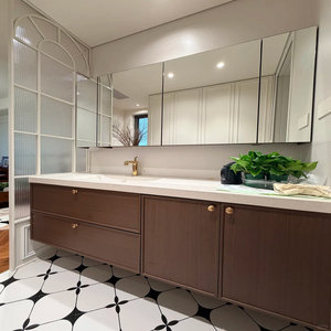 Meuble de salle de bain YALIG, style mi-siècle, couleur noyer, avec vasque monobloc en pierre courbée à chaud, sur pied - Product Image 2