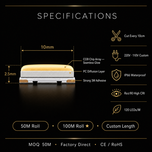 Bande lumineuse <span class=keywords><strong>LED</strong></span> COB 220V IP66 Étanche 120 <span class=keywords><strong>LED</strong></span>/m Ra≥90 Sans points noirs Coupable toutes les 10cm Effet Nuage DIY Personnalisable OEM 50-100M - Product Image 3