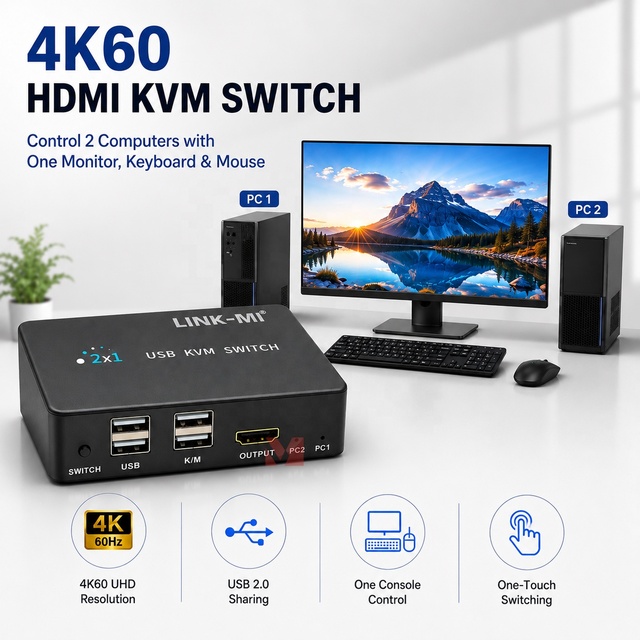2 Port HDMI KVM Switch 4K60 USB 2.0 KVM Switch for 2 Computers Share 1 Monitor Keyboard Mouse Desktop Controller