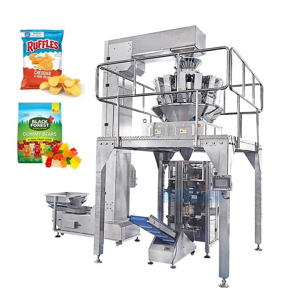 Máquina de embalaje automática para galletas, multicabezal, embalaje de chips de caramelo, bolsita vertical, aperitivos, patatas fritas