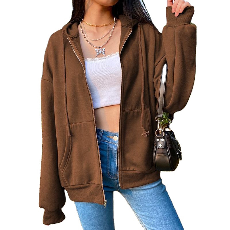 Brown Zip Up Sweatshirt Winter Jacket Clothes oversize Hoodies Women plus size Vintage Pockets Long Sleeve Pullovers 2021 custom