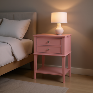 Mesa de Noche Rosa con 2 Cajones y Estante Abierto, Mueble de Dormitorio Moderno, Diseño de Panel de Madera, Estilo Contemporáneo - Product Image 2