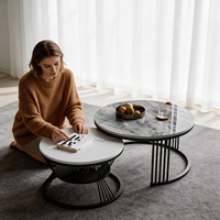 Table basse de luxe nordique moderne avec plateau en marbre, structure en métal blanc doré, table centrale gigogne en pierre pour salon, mobilier de maison