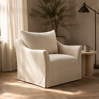 Fauteuil d'appoint rembourré beige en lin avec jupe de chaise, assise profonde, pour salon, chambre, hôtel, salle de séjour