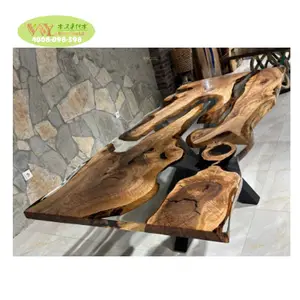 Meja Makan Resin epoksi tepi langsung buatan pabrik furnitur kayu Solid Modern Walnut Usa dan pilihan kaki Gratis