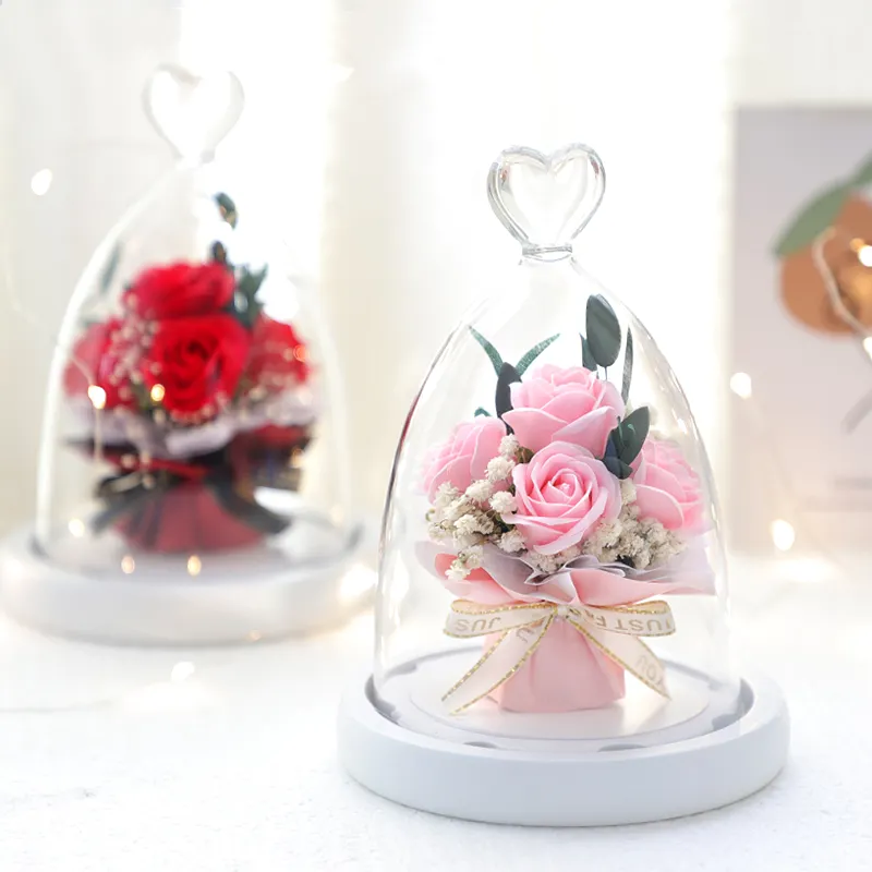 Bouquet de mini fleurs de savon rose, 24 pièces, en forme de cœur, dôme de verre, cadeau pour femme